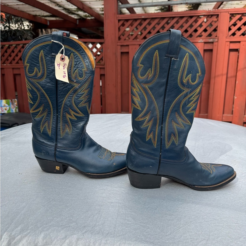 Blue Western Cowboy Boots with Yellow Stitching - Picture 2 of 7